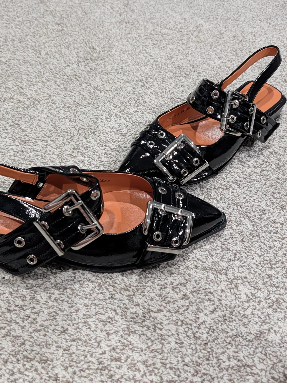 Black Patent Pointed Slingback Flats with Buckle Detail